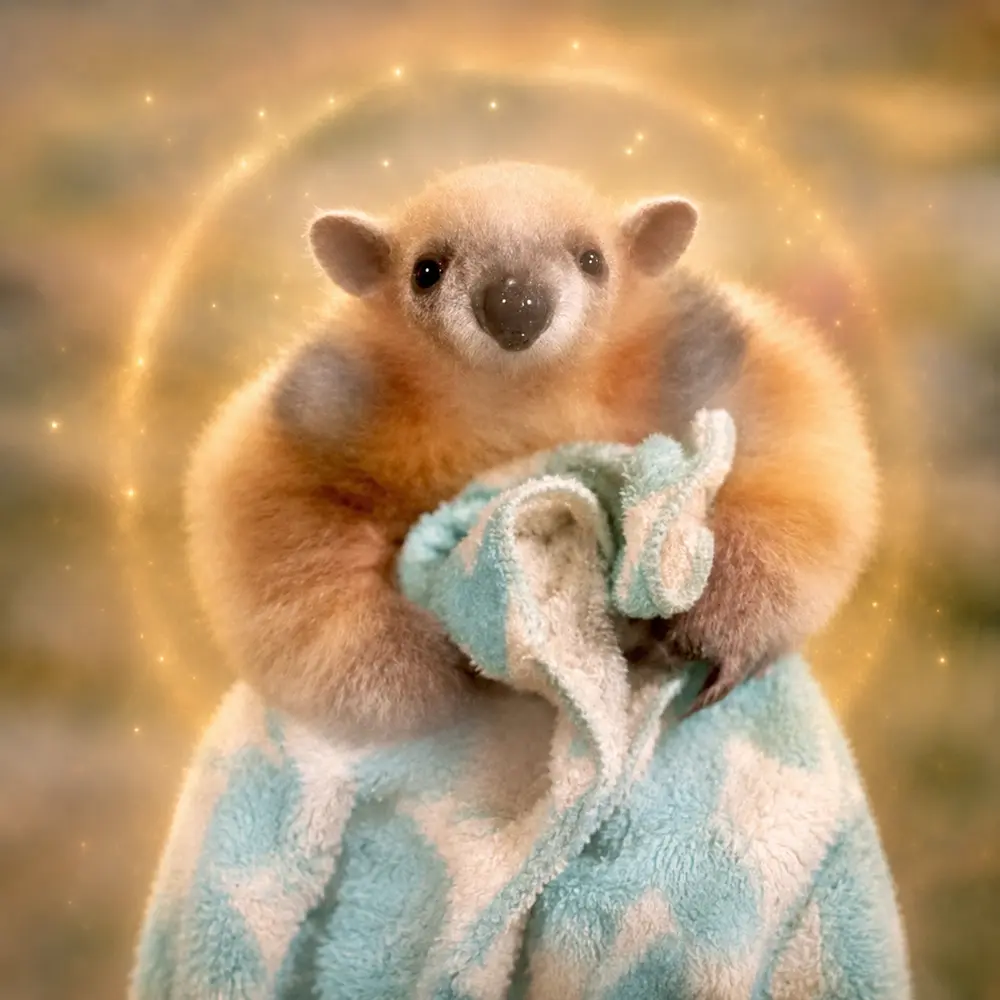 Minakoko holding a blue towel inside a golden aura